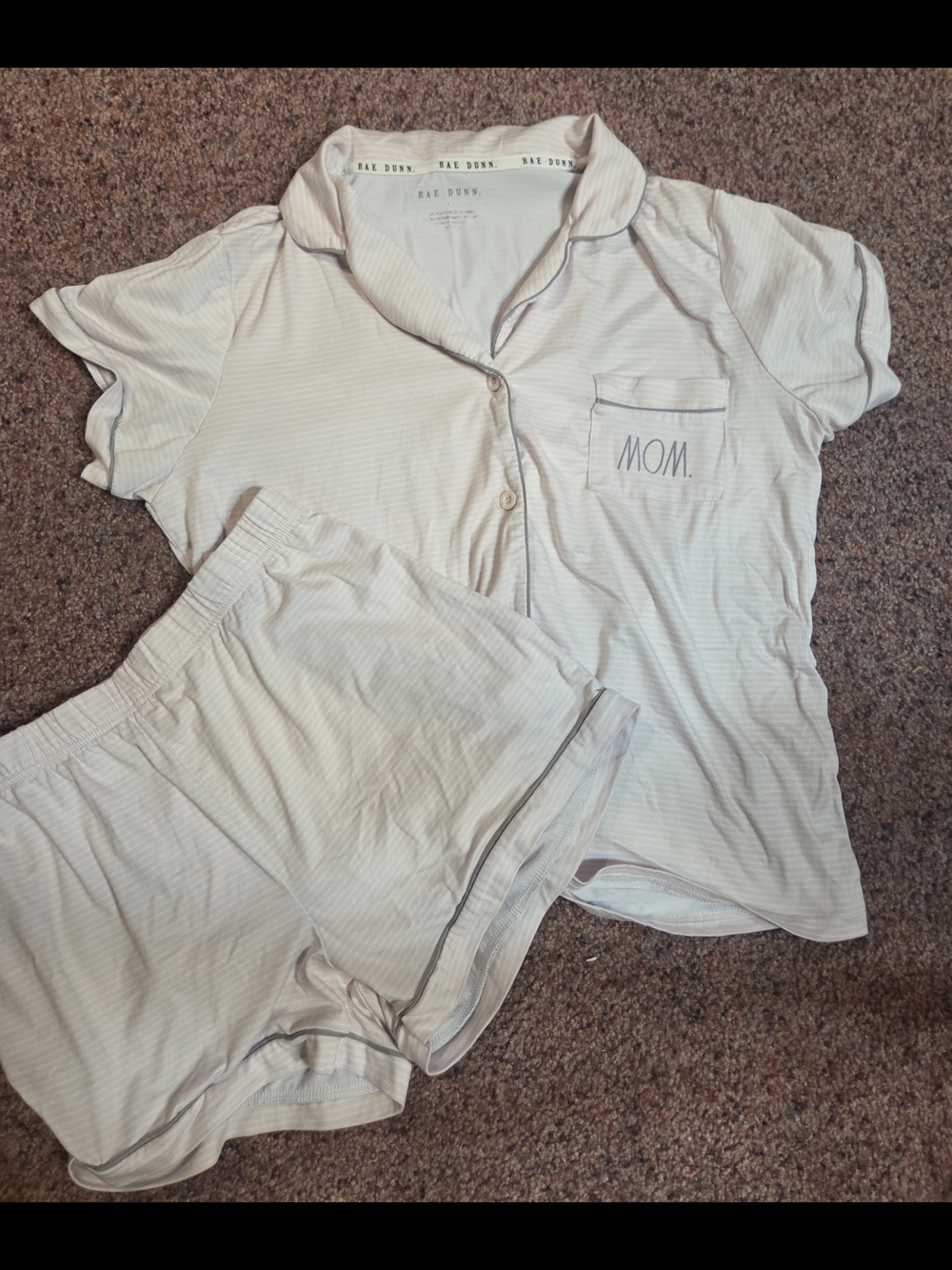 Rae Dunn Striped MOM Short Sleeve Pajama Set in Pale Pink and White